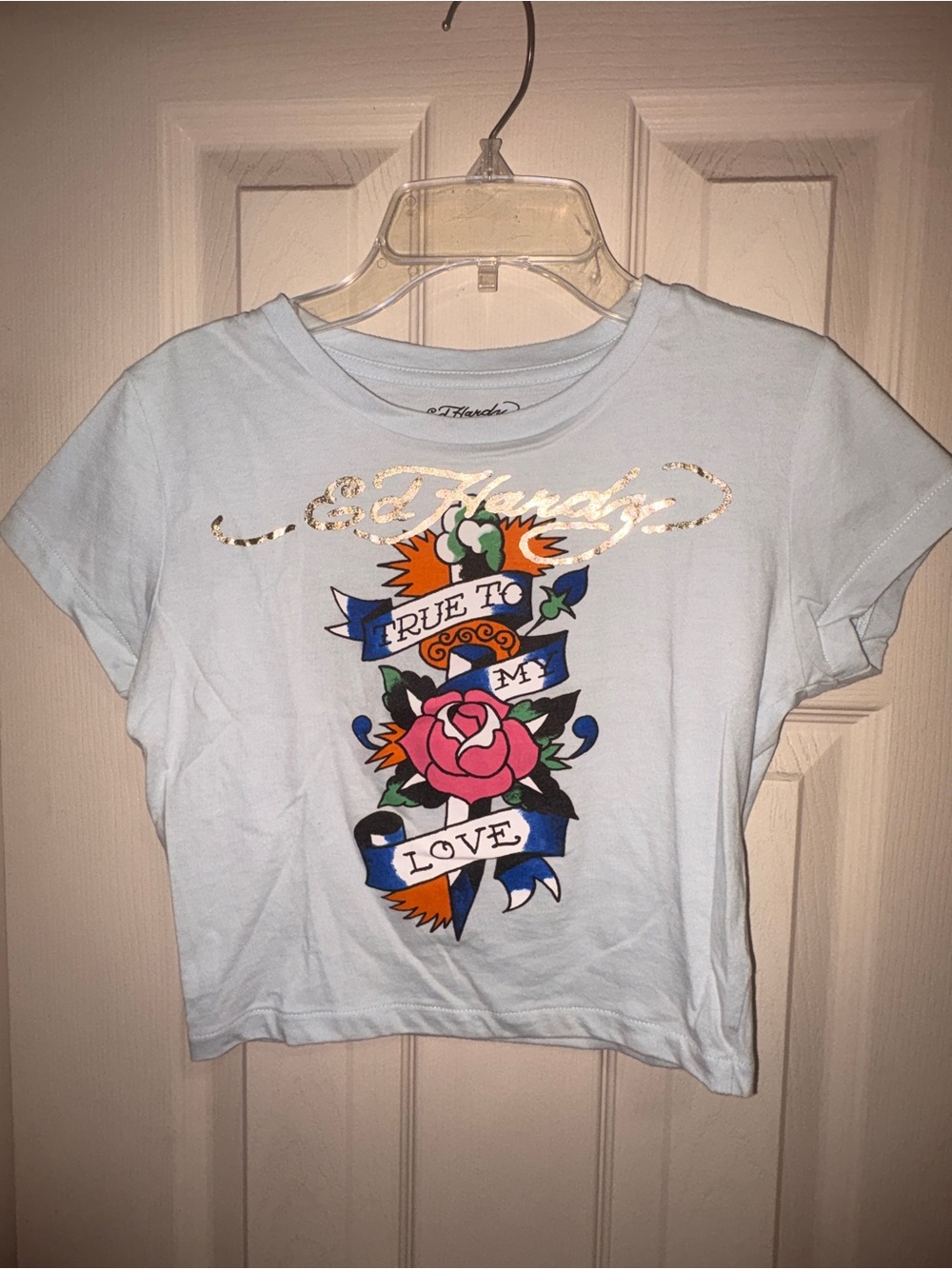 Ed Hardy Light Blue Crop Tee with Rose Banner Graphic